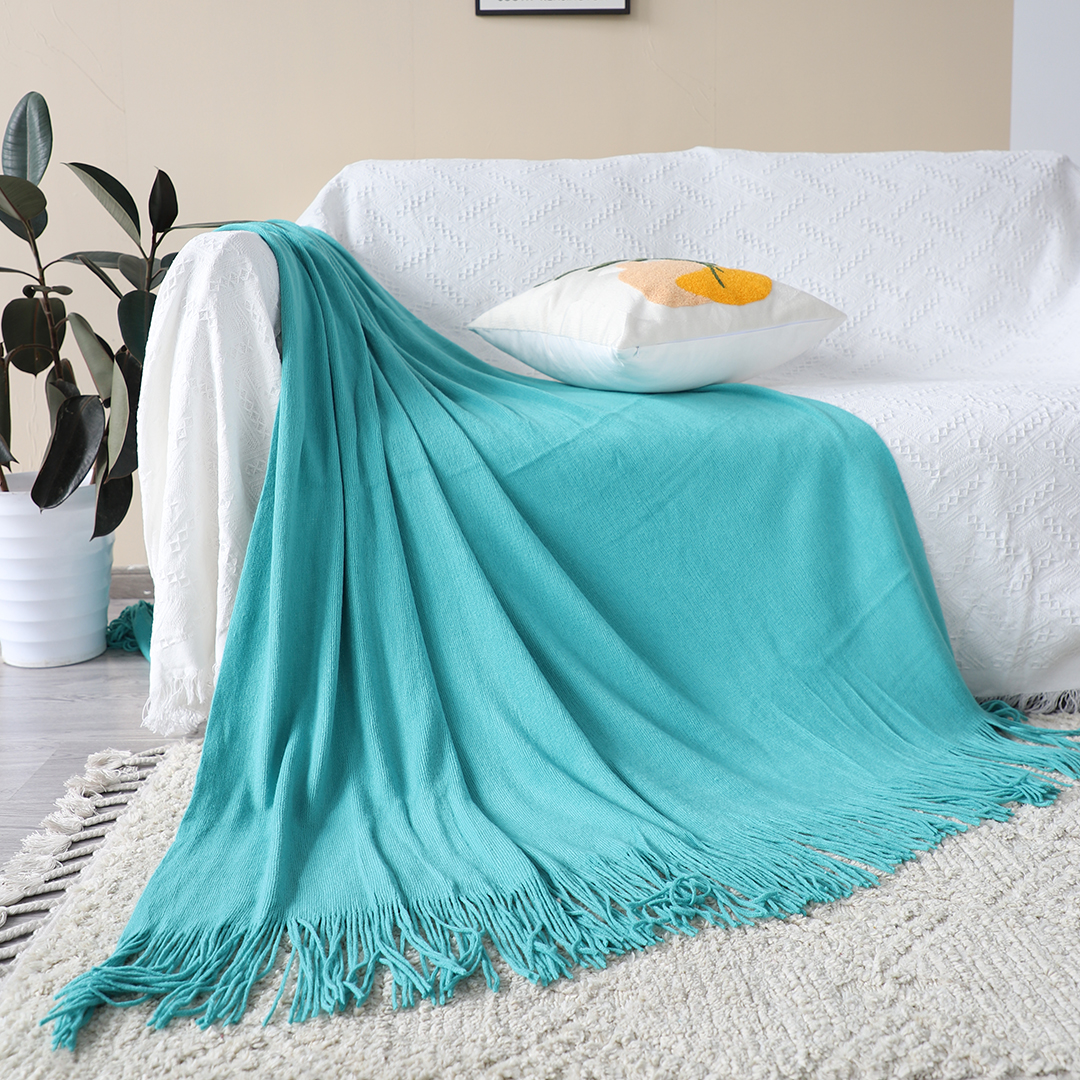 Start2Finish SOGA teal acrylic knitted throw blanket with fringes, cozy woven cover for sofa or bed, home decor accessory.