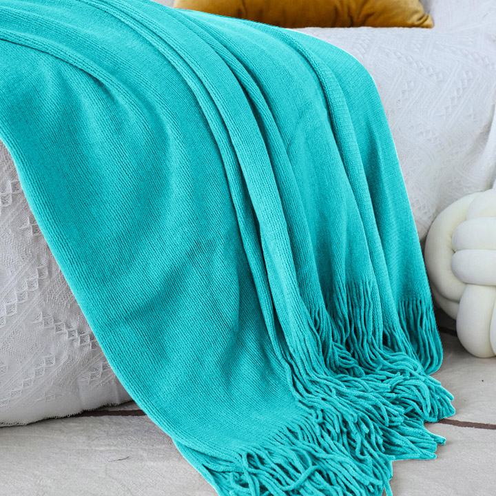 Start2Finish SOGA teal acrylic knitted throw blanket with fringed edges, cozy woven cover for couch or bed decor.