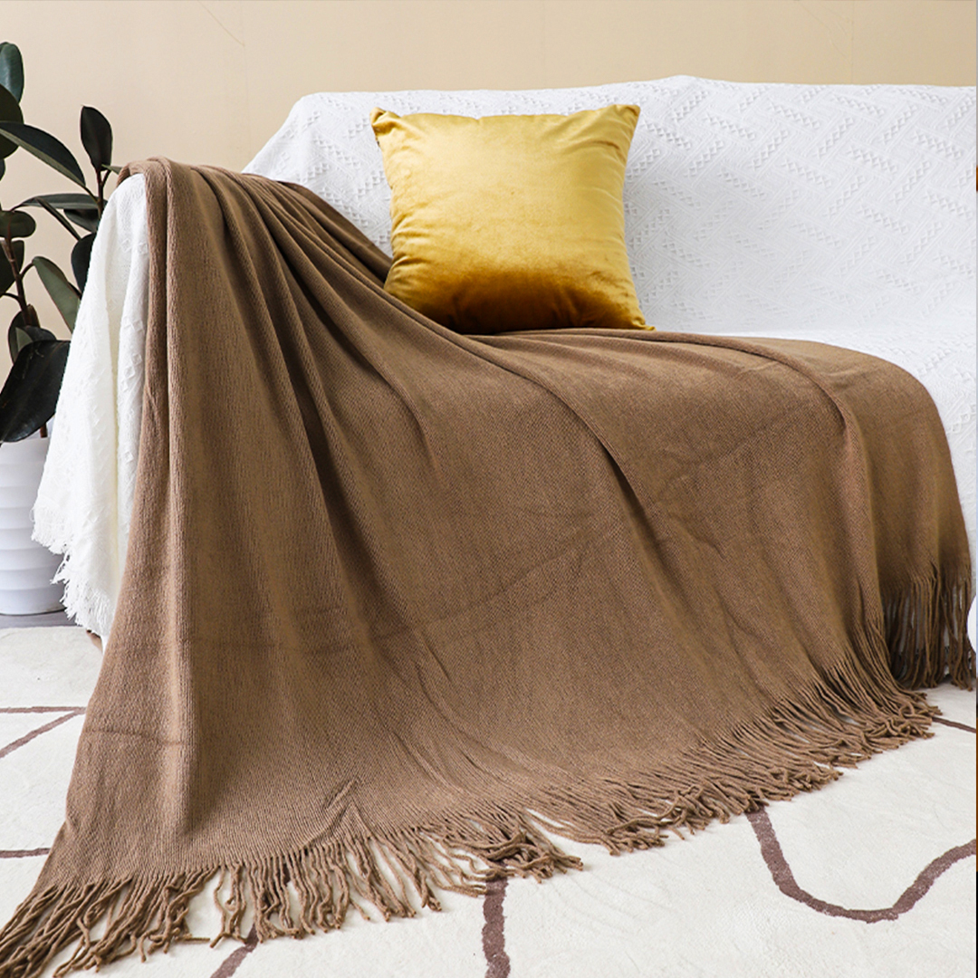 Start2Finish SOGA acrylic knitted throw blanket with fringed edges, cozy woven cover perfect for couches and beds at home.