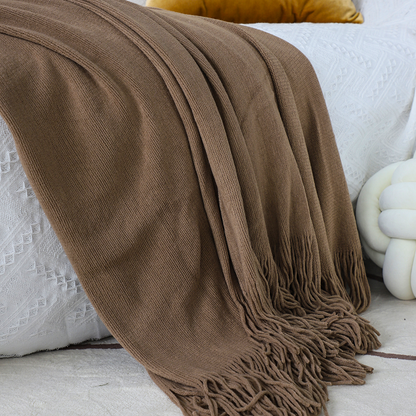 SOGA acrylic knitted throw blanket by Start2Finish with fringe, solid color, cozy woven cover for couch or bed home decor.