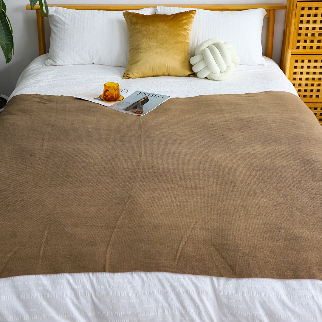 Start2Finish SOGA coffee acrylic knitted throw blanket with fringed edges, cozy woven cover for couch or bed decor.