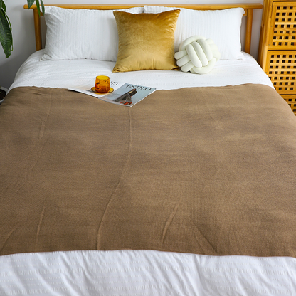 Start2Finish SOGA coffee acrylic knitted throw blanket with fringed edges, cozy woven cover for couch or bed decor.