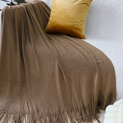 Start2Finish SOGA acrylic knitted throw blanket with fringed edges, warm cozy woven cover draped on a couch for home decor.