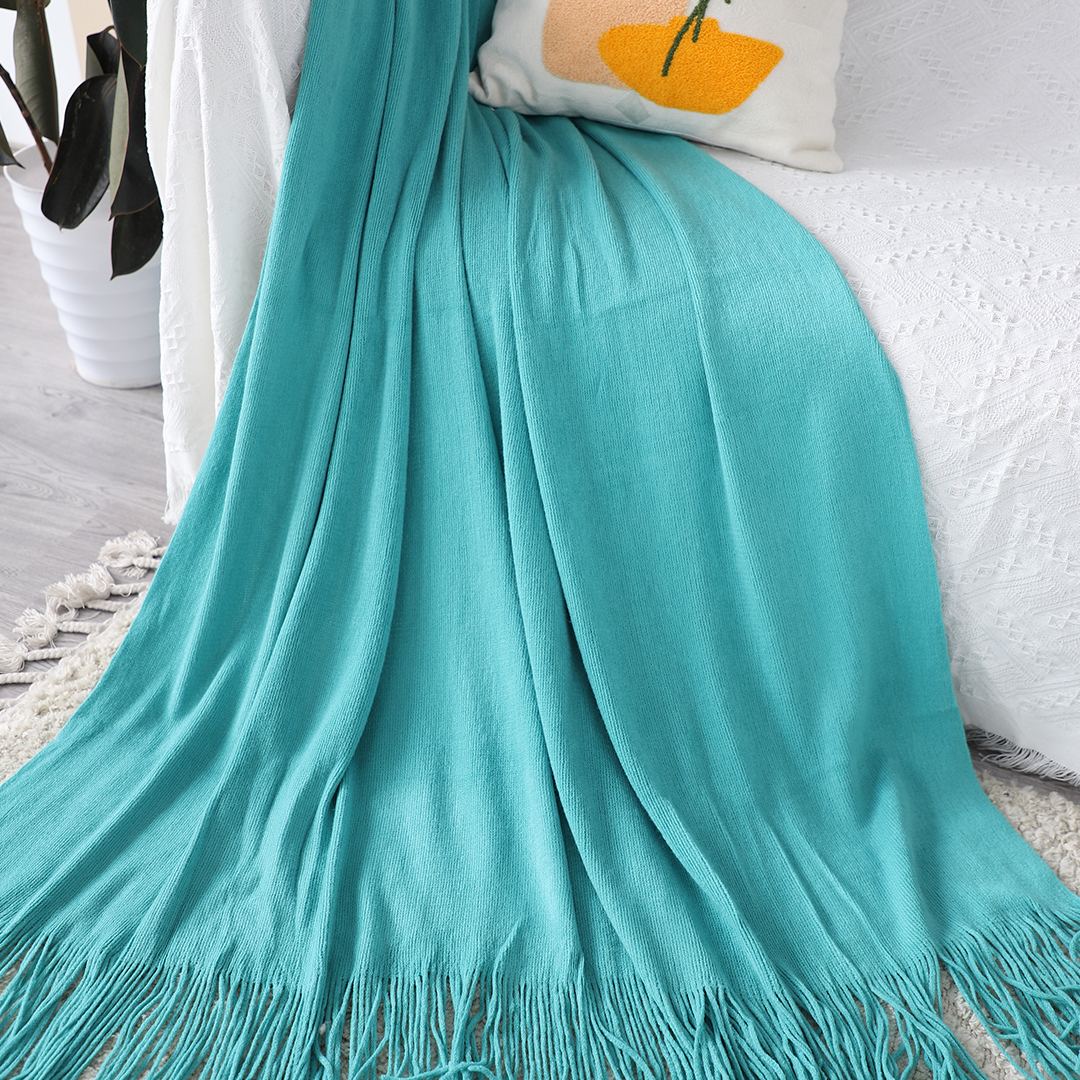 Start2Finish teal acrylic knitted throw blanket with fringed edges, cozy woven cover for sofa or bed, ideal for home decor.