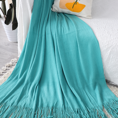 Start2Finish teal acrylic knitted throw blanket with fringed edges, cozy woven cover for sofa or bed, ideal for home decor.
