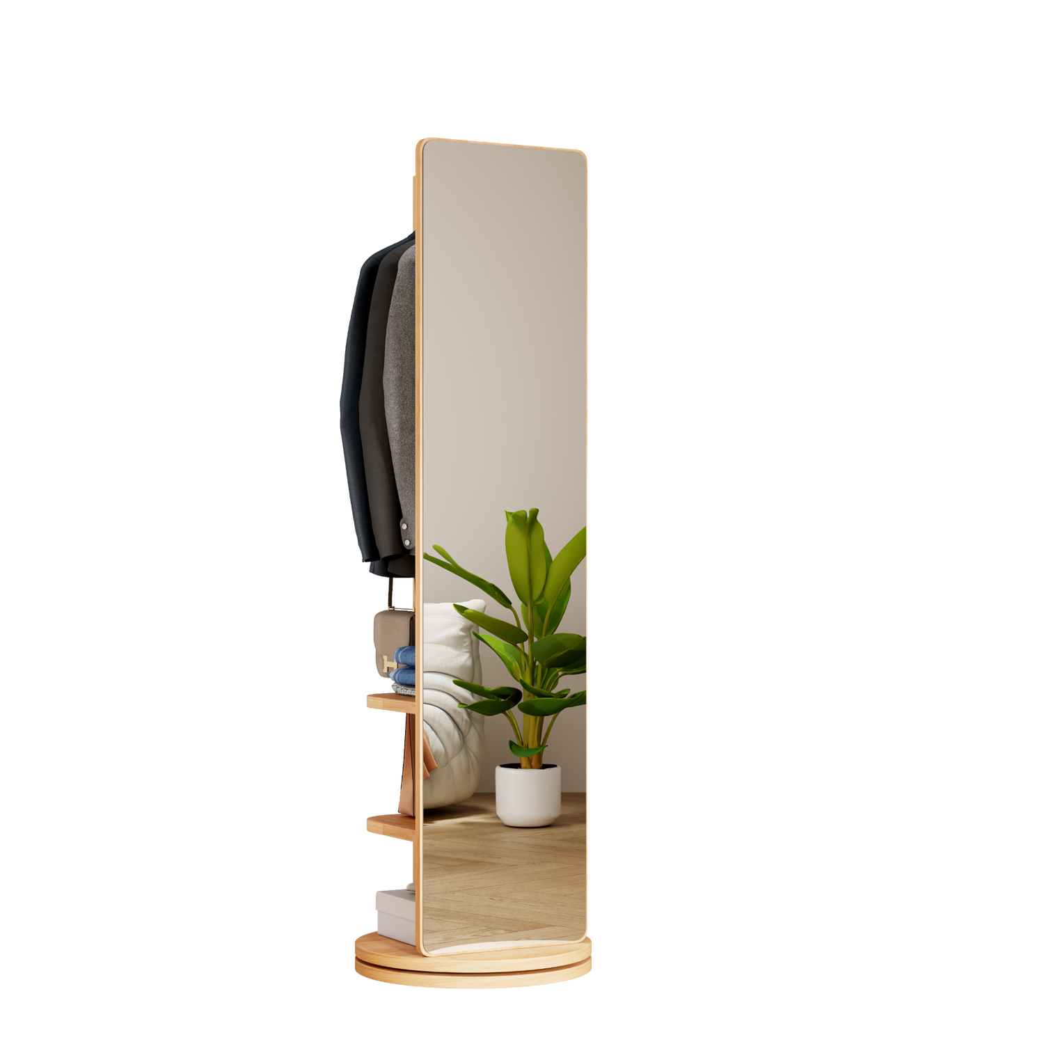 Start2Finish full-length mirror with coat rack, rubber wood frame, and 360° rotation, ideal for bedroom or entryway decor.