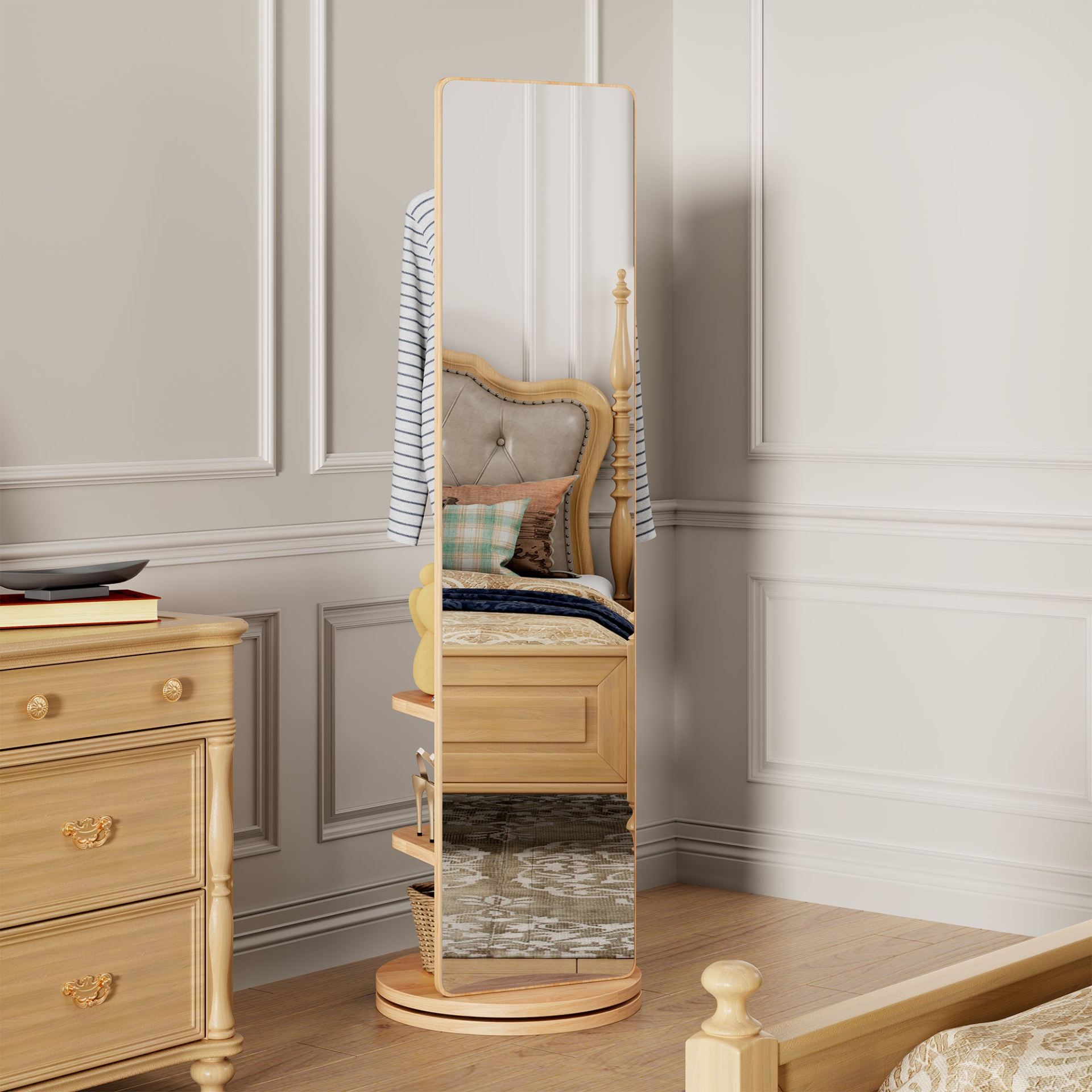Full-length rotating mirror with coat rack and storage, made of natural rubber wood, ideal for bedrooms and entryways.