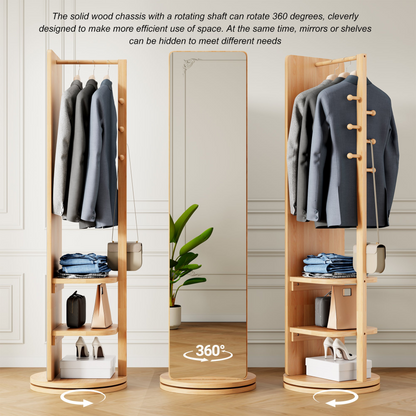 Full-length rotating mirror with coat rack, rubber wood frame, natural finish, and storage for bedroom or entryway.
