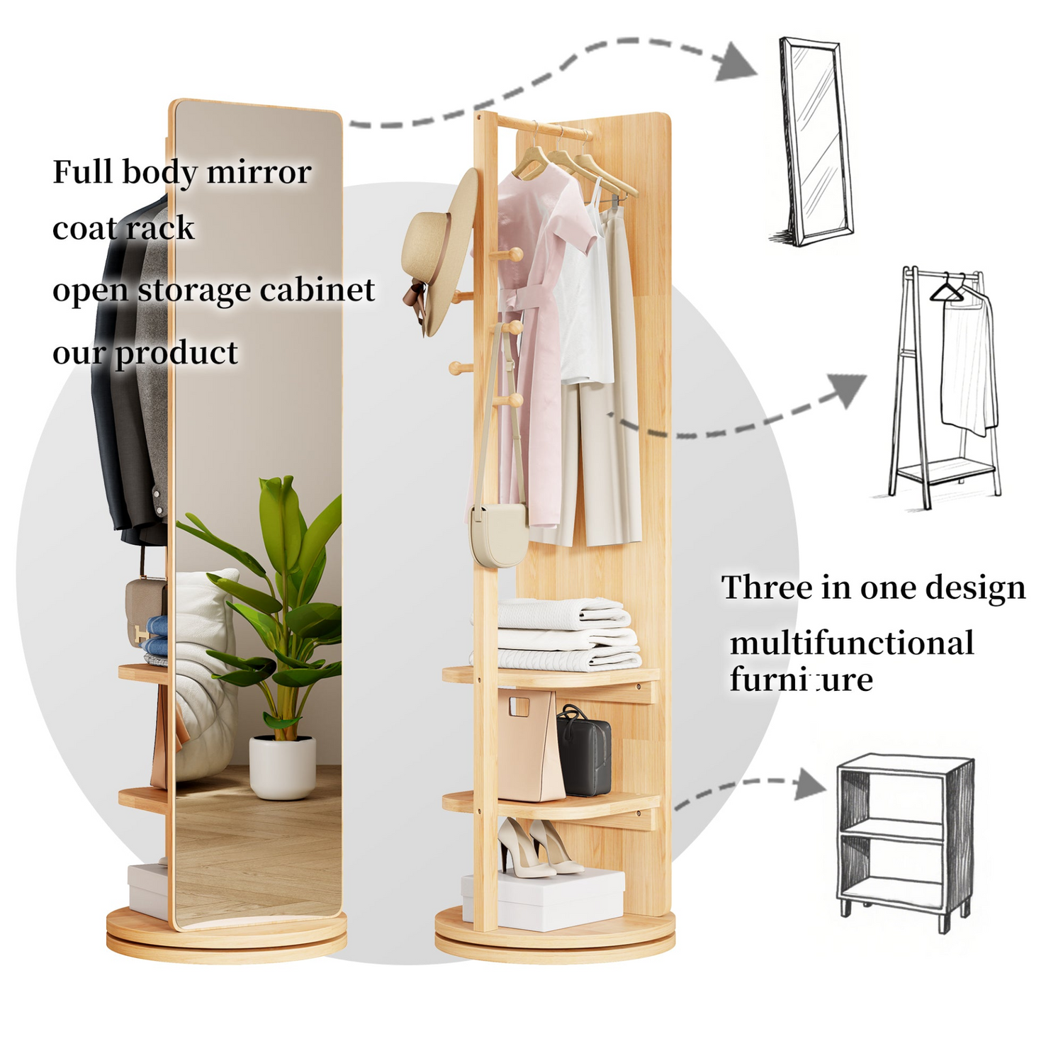 Start2Finish rotating full-length mirror with coat rack in natural rubber wood, 360° swivel for bedroom or entryway use.