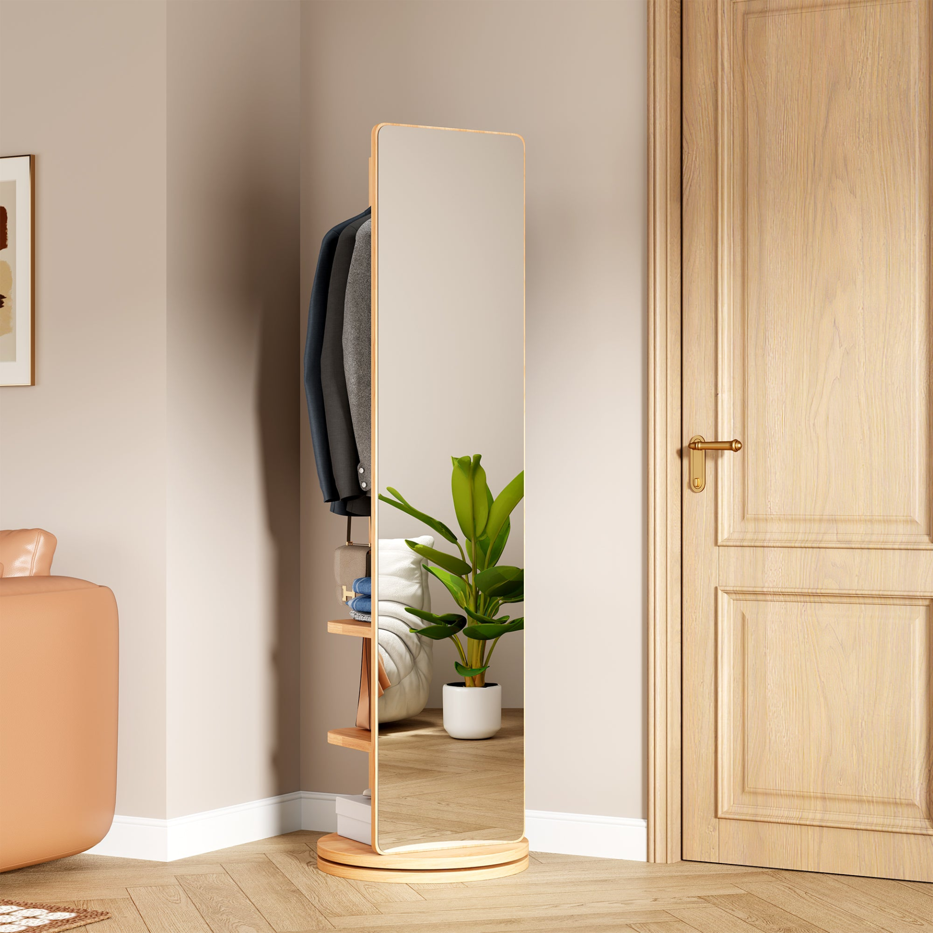 Start2Finish rotating full-length mirror with coat rack, natural rubber wood, 360° rotation, ideal for bedroom or entryway.