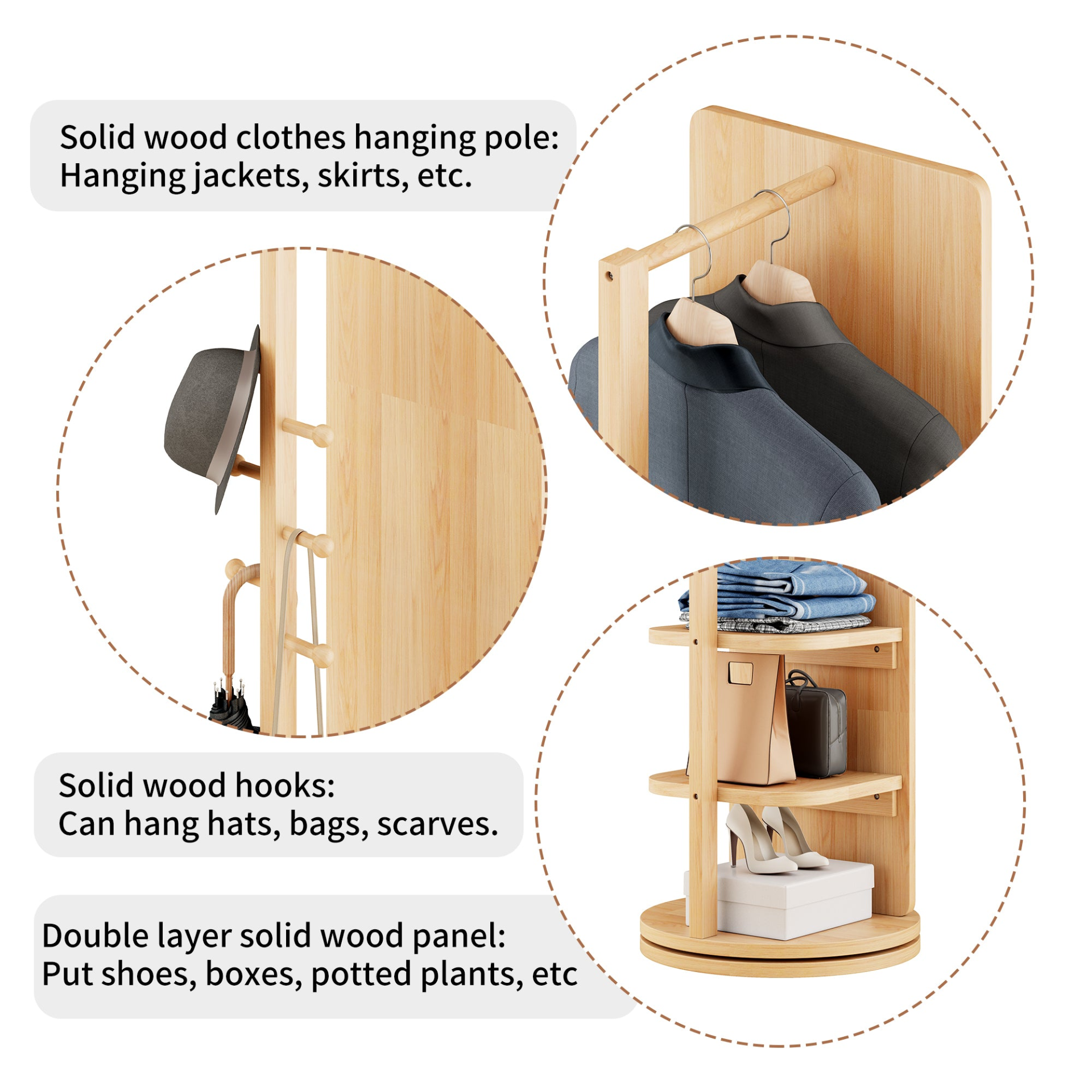 Start2Finish rotating full-length mirror with coat rack, rubber wood frame, 360° rotation, ideal for bedroom or entryway storage.