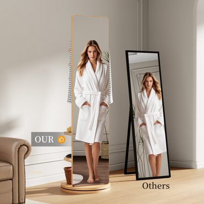 Natural rubber wood full-length mirror with 360° rotation, coat rack, and storage for bedroom, entryway, or dressing area.