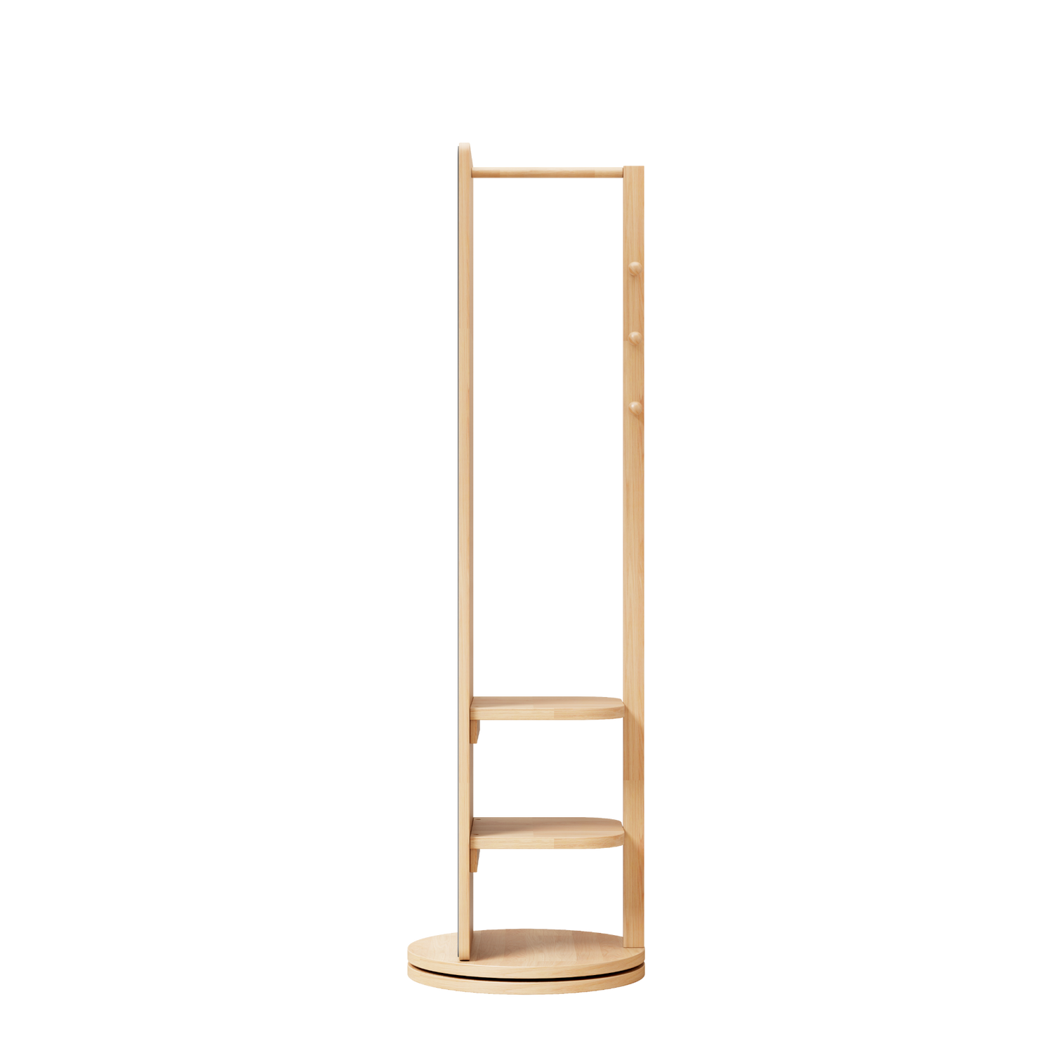 Start2Finish rotating full-length rubber wood mirror with coat rack, 360° rotation, natural wood finish for bedroom or entryway.