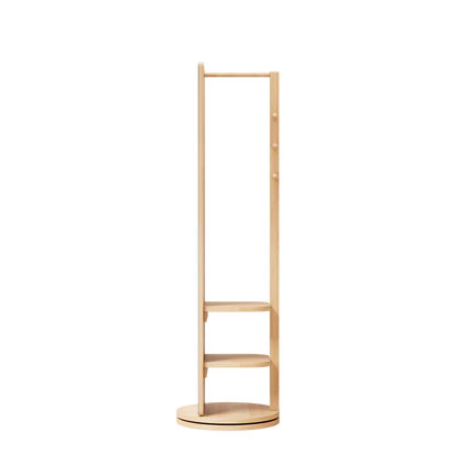 Start2Finish rotating full-length rubber wood mirror with coat rack, 360° rotation, natural wood finish for bedroom or entryway.