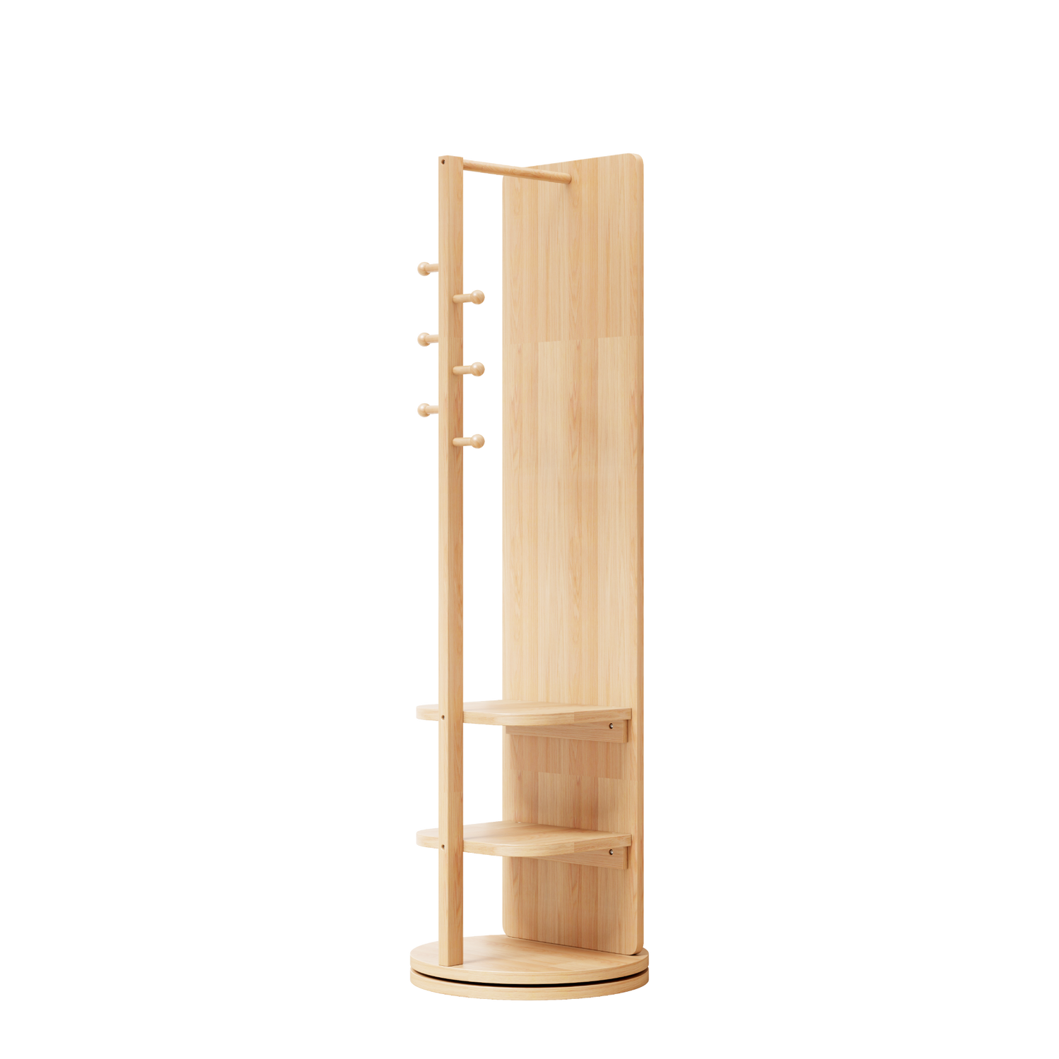 Start2Finish rotating full-length mirror with coat rack, natural rubber wood, 360° rotation, ideal for bedroom or entryway storage.