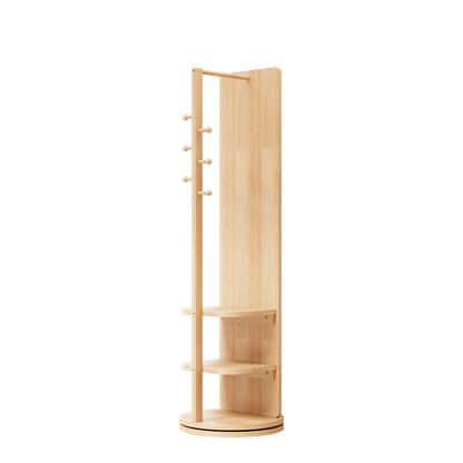 Start2Finish rotating full-length mirror with coat rack, natural rubber wood, 360° rotation, ideal for bedroom or entryway storage.