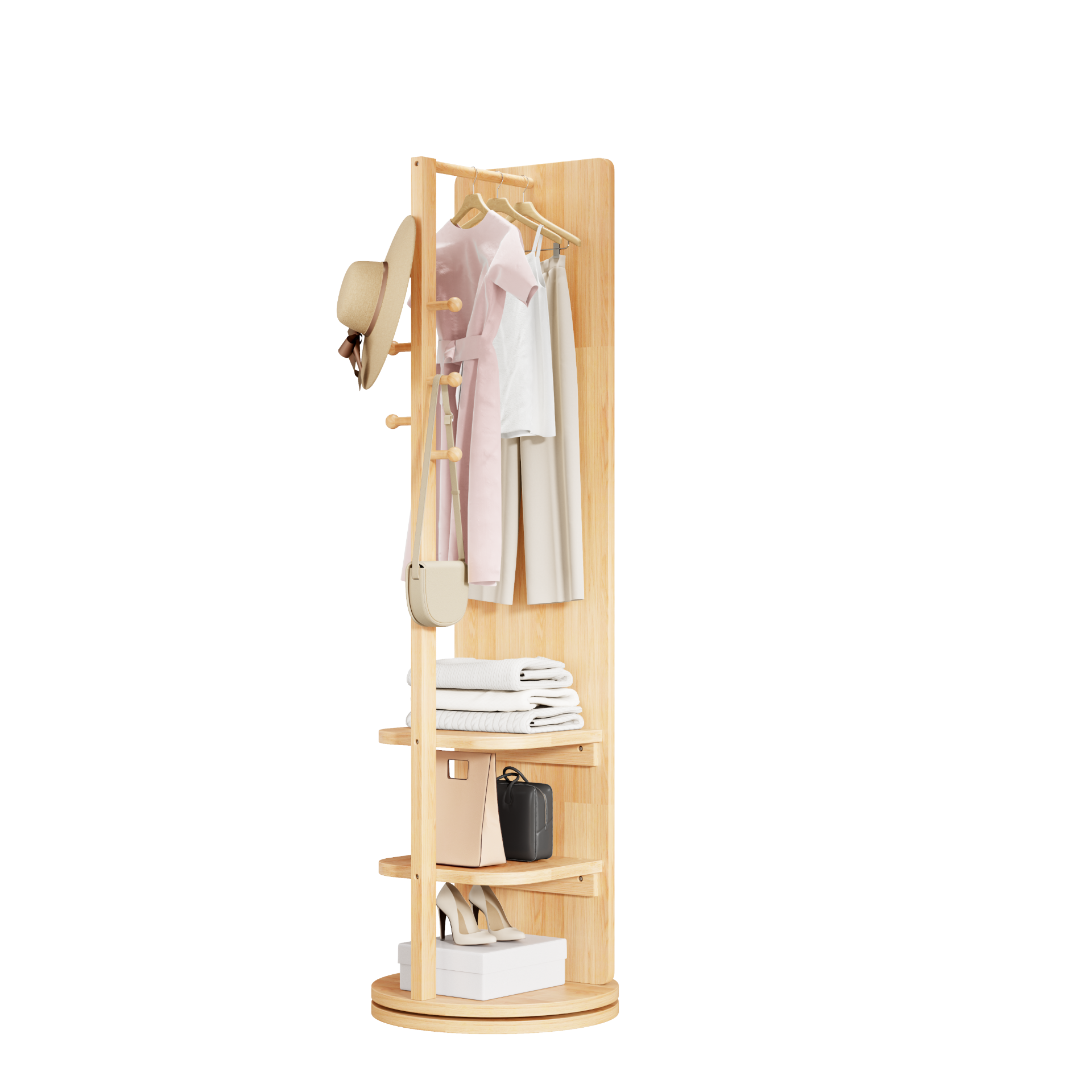 Natural rubber wood full-length mirror with 360° rotation, coat rack, and storage for bedroom, entryway, or dressing areas.
