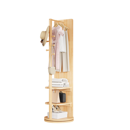 Natural rubber wood full-length mirror with 360° rotation, coat rack, and storage for bedroom, entryway, or dressing areas.