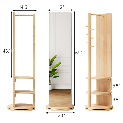 Full-length rotating mirror with coat rack and storage, made of natural rubber wood, versatile for bedroom, entryway, or dressing area.