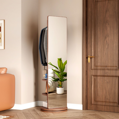 Start2Finish rotating full-length mirror with coat rack, rubber wood frame, natural finish, and 360° rotation for bedroom or entryway.
