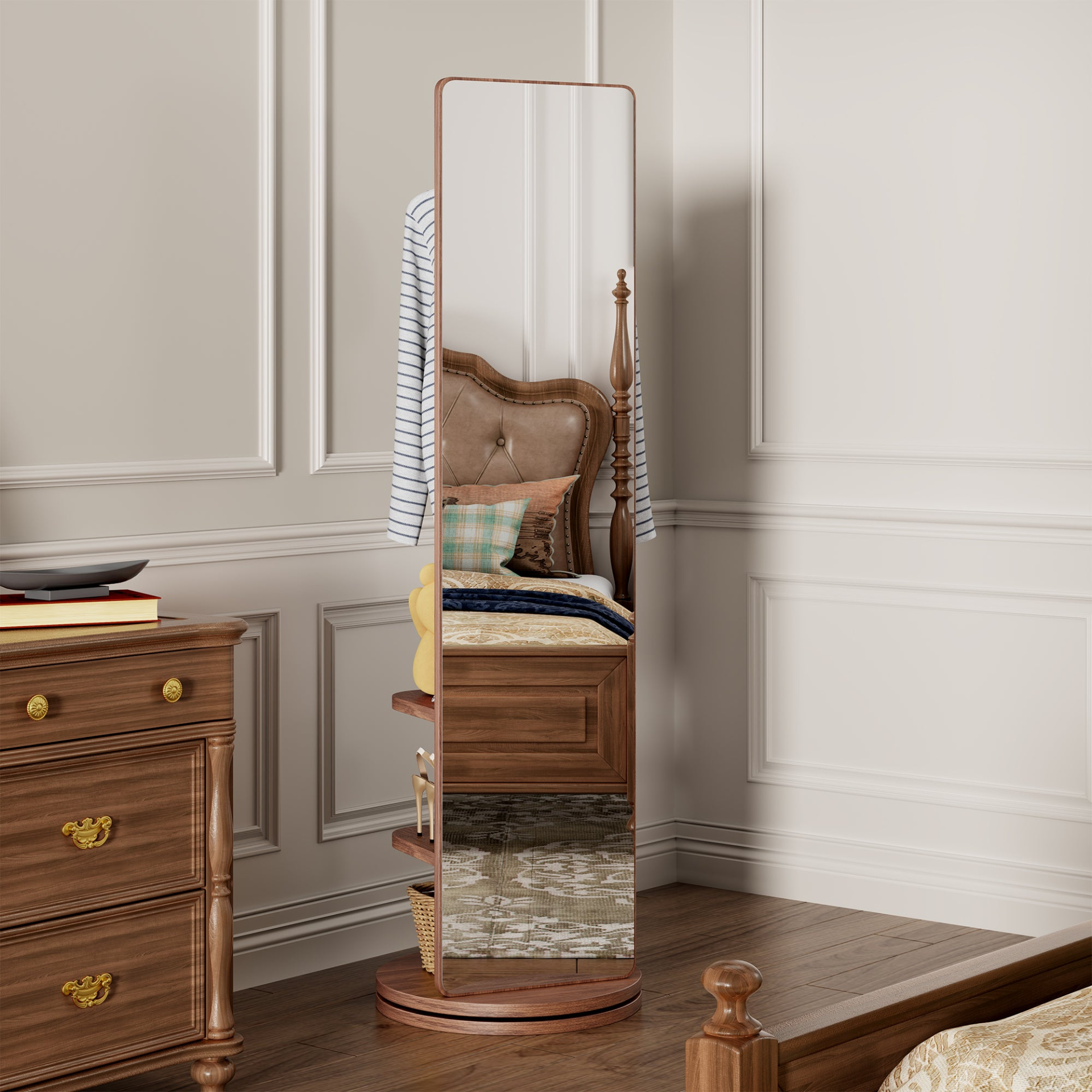 Full-length rotating wooden mirror with coat rack, natural rubber wood, 360° rotation, ideal for bedroom, entryway, or dressing area.