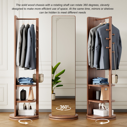 Start2Finish rotating full-length mirror with coat rack, natural rubber wood, 360° rotation, ideal for bedroom, entryway, dressing areas.