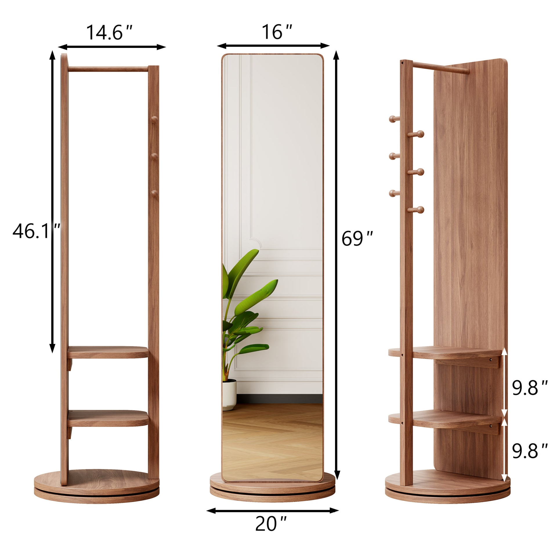 Start2Finish rotating full-length mirror with coat rack, rubber wood frame, natural finish, 360° rotation for bedroom and entryway.