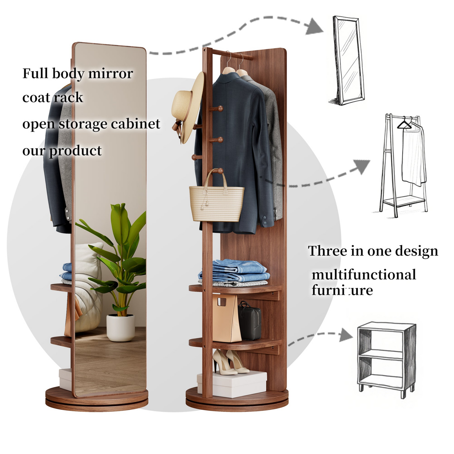 Start2Finish rotating full-length mirror with coat rack, rubber wood frame, natural finish, and 360° rotation for bedroom or entryway.