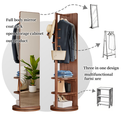 Start2Finish rotating full-length mirror with coat rack, rubber wood frame, natural finish, and 360° rotation for bedroom or entryway.