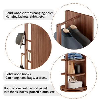 Natural wood full-length mirror with 360° rotation, coat rack, and storage for bedroom or entryway, by Start2Finish.
