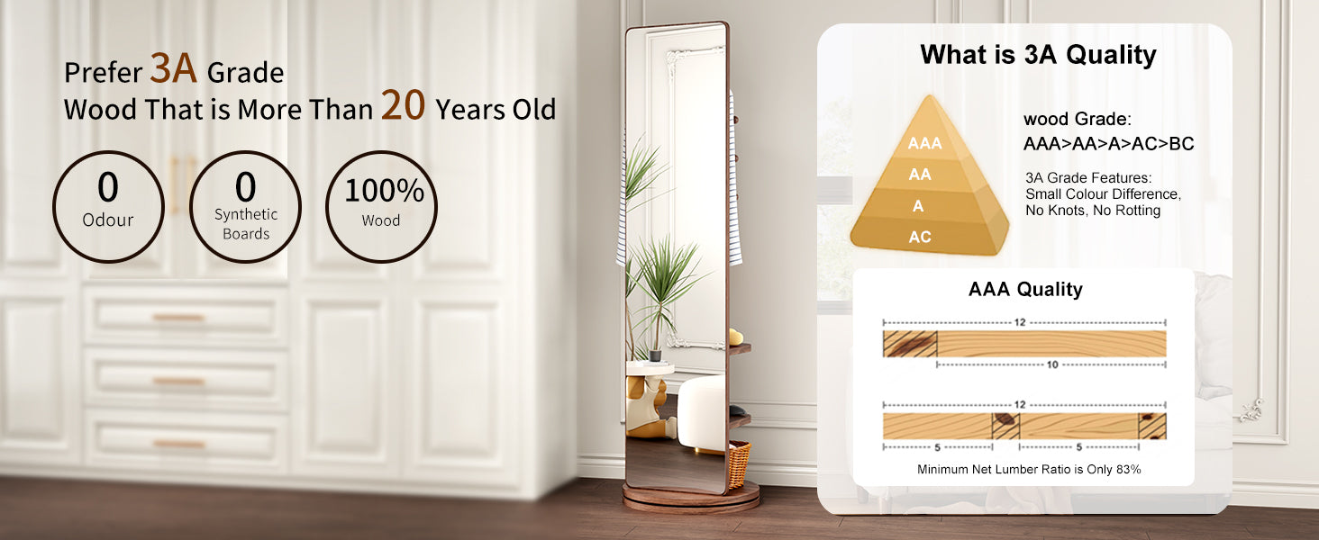Full-length natural rubber wood mirror with 360° rotation and coat rack, ideal for bedrooms, entryways, and dressing areas.