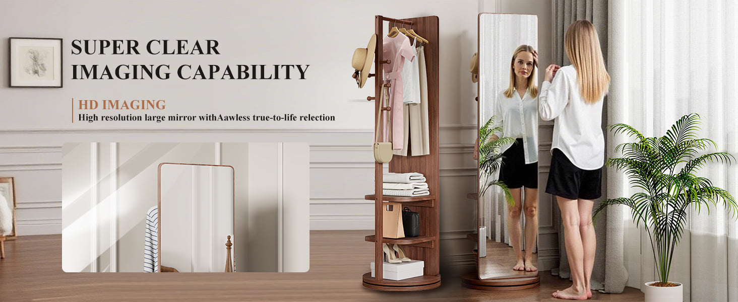Full-length rotating mirror with coat rack, rubber wood frame, natural finish, 360° rotation, ideal for bedroom or entryway storage.