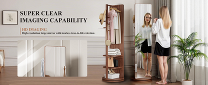 Full-length rotating mirror with coat rack, rubber wood frame, natural finish, 360° rotation, ideal for bedroom or entryway storage.