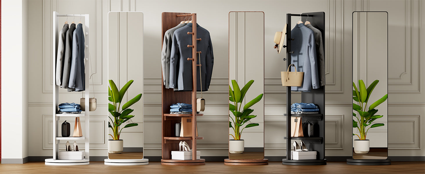 Full-length rotating mirror with coat rack, rubber wood frame, natural finish, and storage for bedroom or entryway.