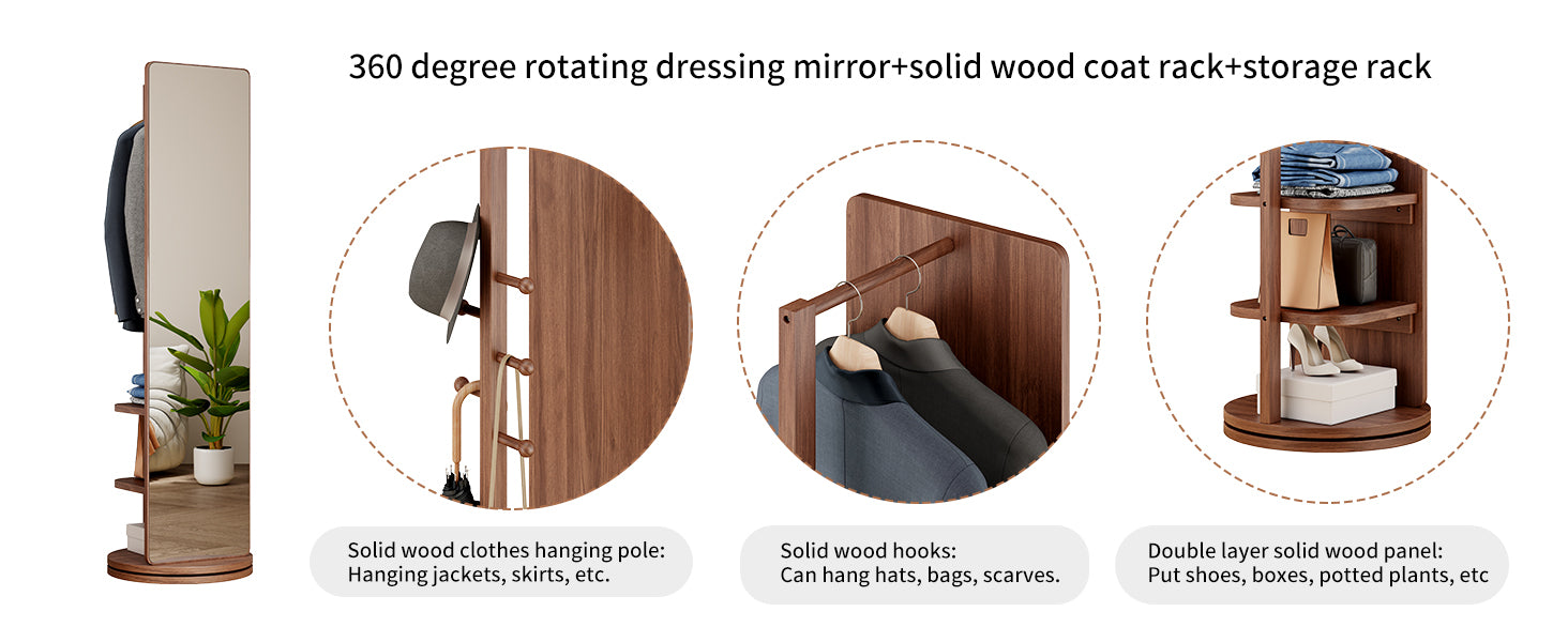 Start2Finish rotating full-length mirror with coat rack, rubber wood frame, natural finish, and 360° rotation for bedroom or entryway.