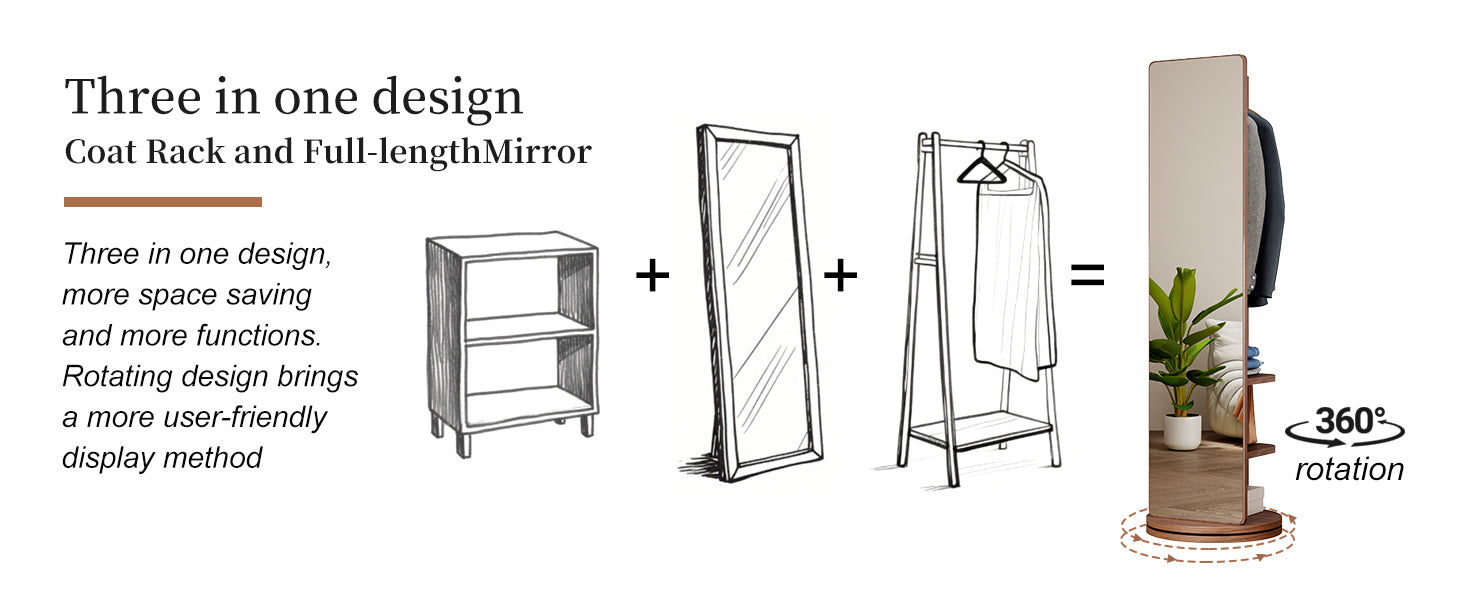 Start2Finish rotating full-length mirror with coat rack, natural rubber wood, 360° rotation, ideal for bedroom and entryway storage.
