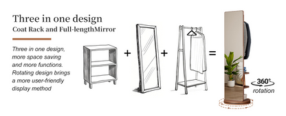 Start2Finish rotating full-length mirror with coat rack, natural rubber wood, 360° rotation, ideal for bedroom and entryway storage.