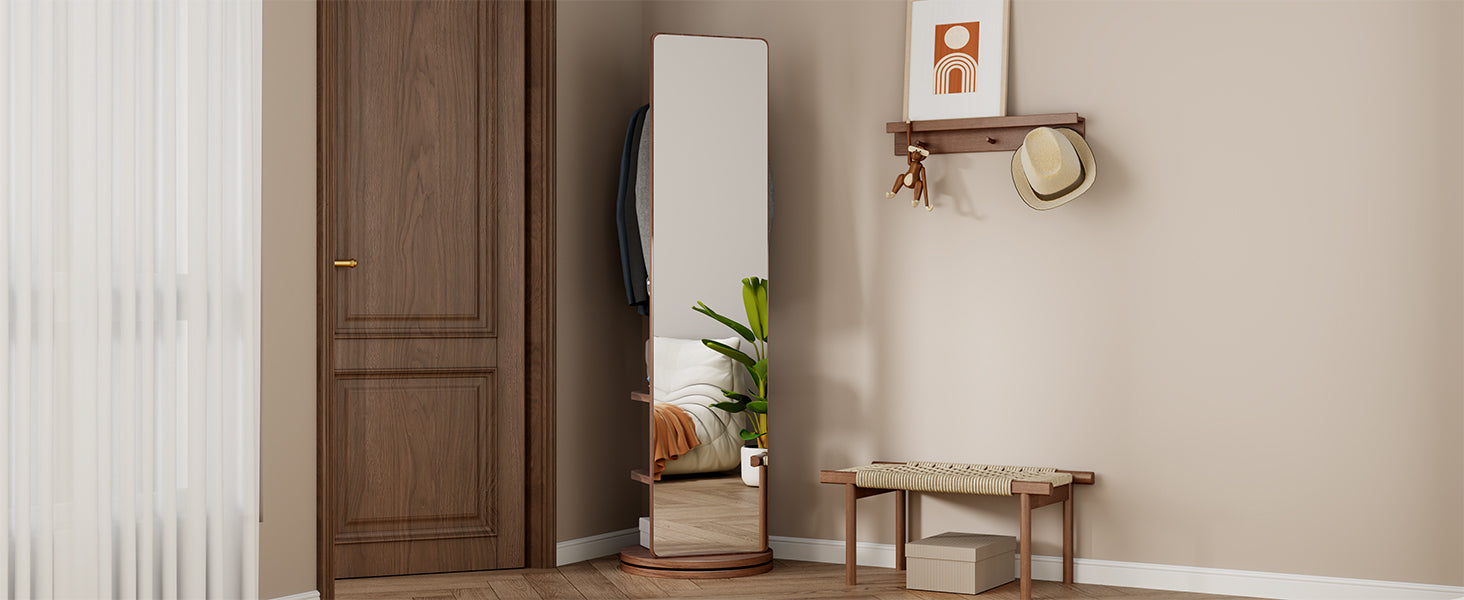 Start2Finish rotating full-length mirror with coat rack, rubber wood frame, natural finish, and 360° rotation for bedroom and entryway.