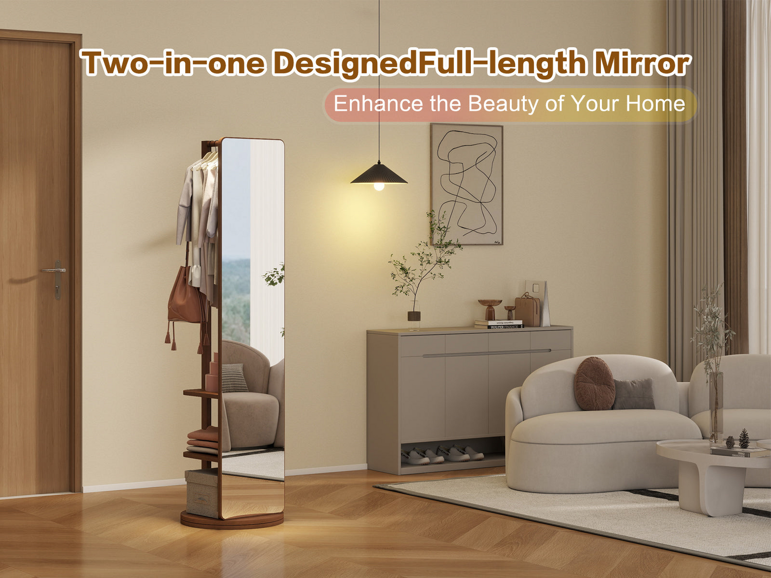 Full-length home mirror with 360° rotation, coat rack, rubber wood frame, natural wood finish for bedroom or entryway.
