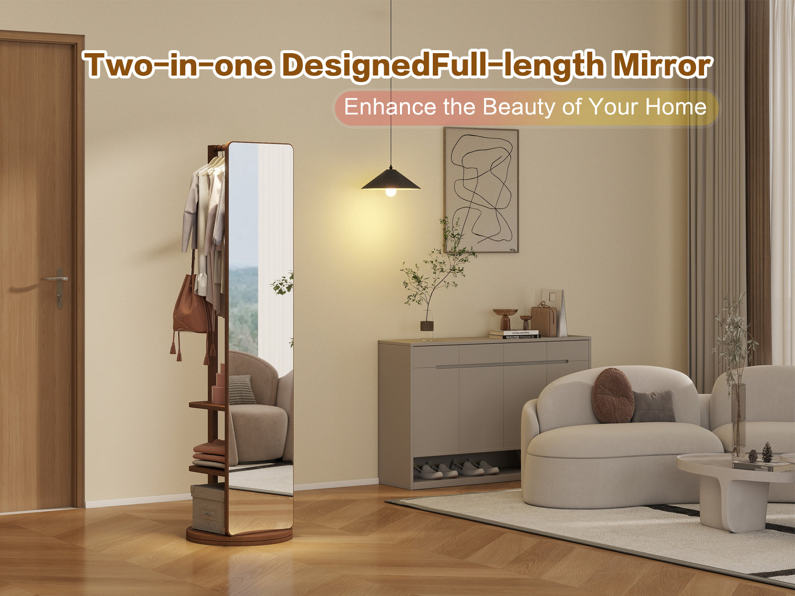 Full-length home mirror with 360° rotation, coat rack, rubber wood frame, natural wood finish for bedroom or entryway.