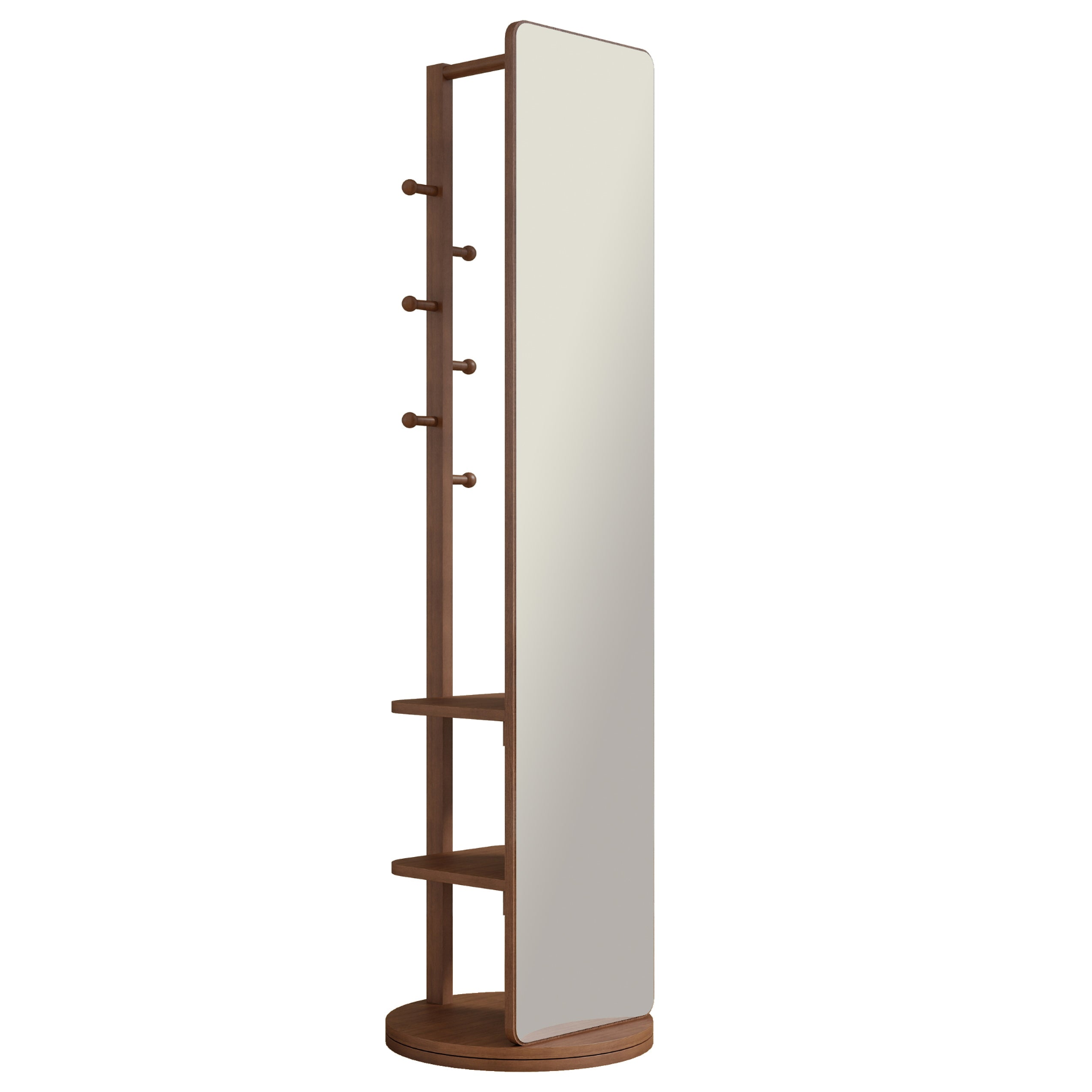 Full-length natural rubber wood mirror with 360° rotation and coat rack, ideal for bedroom, entryway, or dressing area.