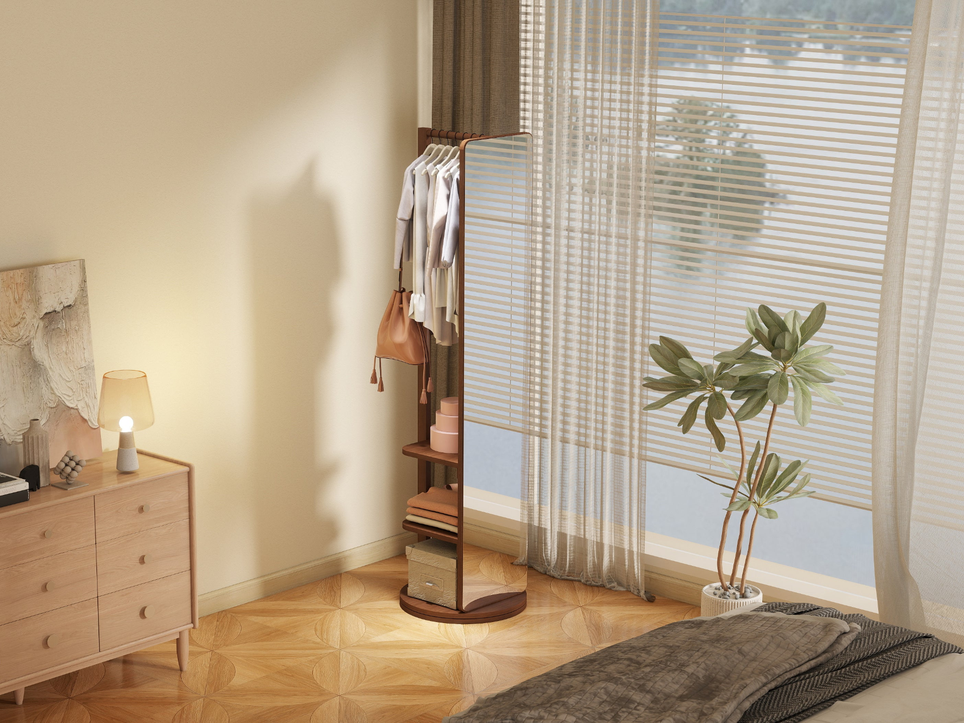 Start2Finish rotating full-length mirror with coat rack, rubber wood frame, and natural wood storage for bedroom or entryway.