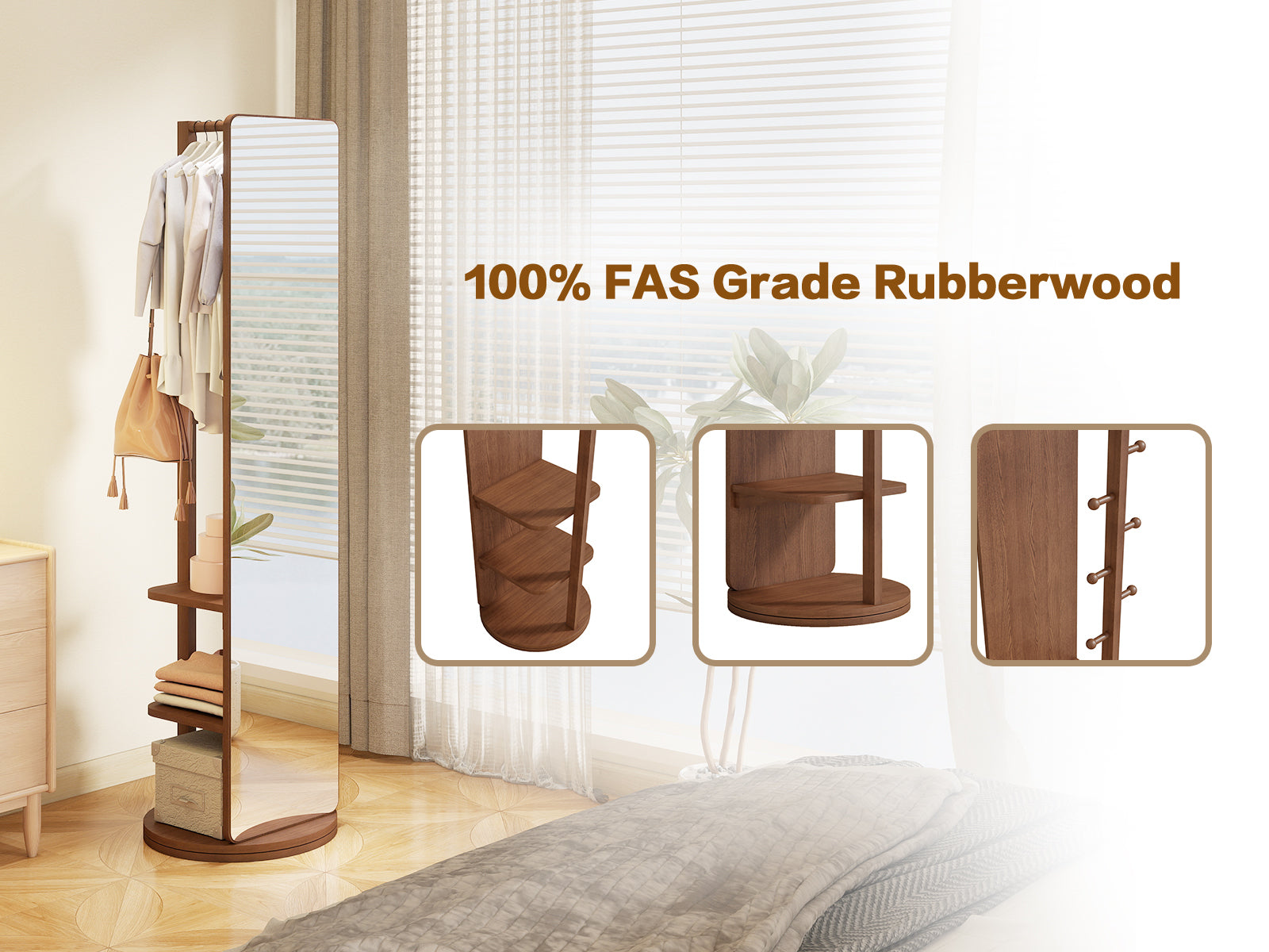 Full-length rotating mirror with coat rack in natural rubber wood, featuring storage and 360° rotation for bedroom or entryway.