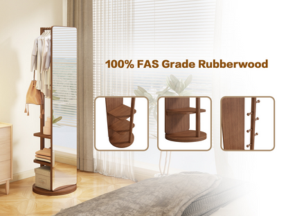 Full-length rotating mirror with coat rack in natural rubber wood, featuring storage and 360° rotation for bedroom or entryway.