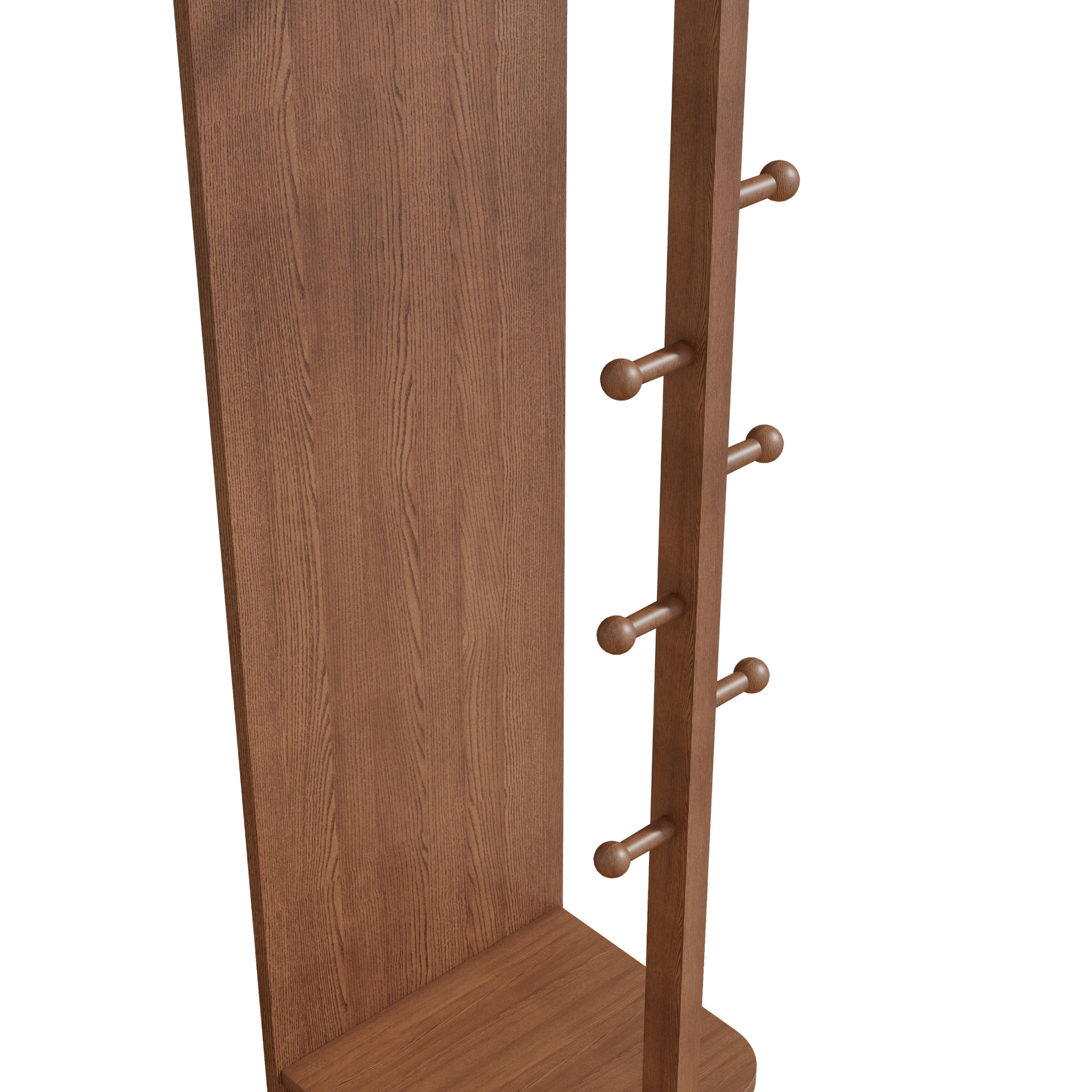 Start2Finish rotating full-length mirror with coat rack in natural rubber wood, 360° swivel, for bedroom or entryway.