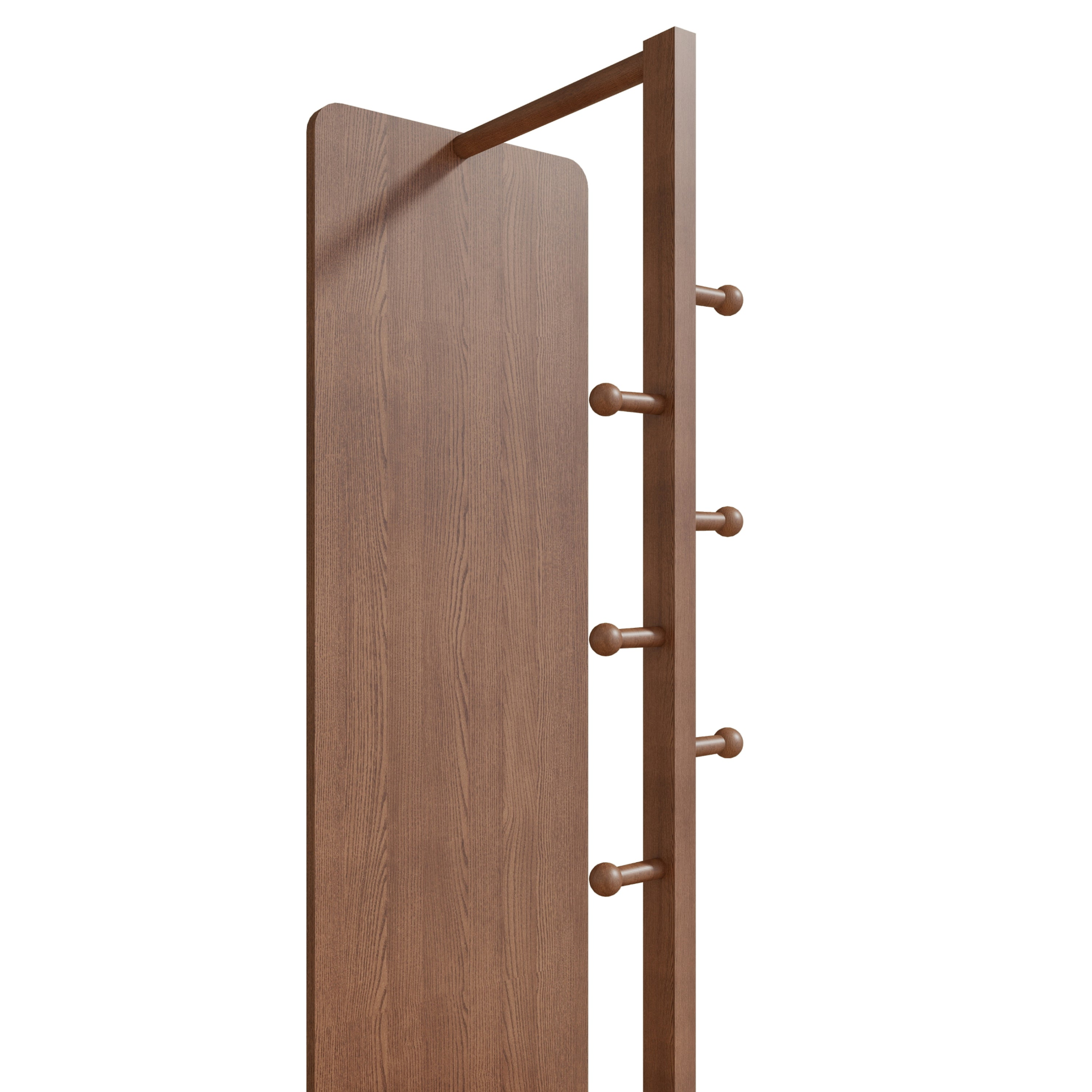 Full-length home mirror with coat rack on rubber wood, 360° rotation, natural wood finish, ideal for bedroom or entryway.