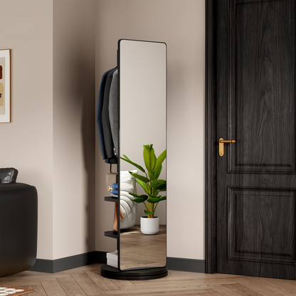 Start2Finish rotating full-length rubber wood mirror with coat rack, 360° rotation, natural wood finish for bedroom and entryway.