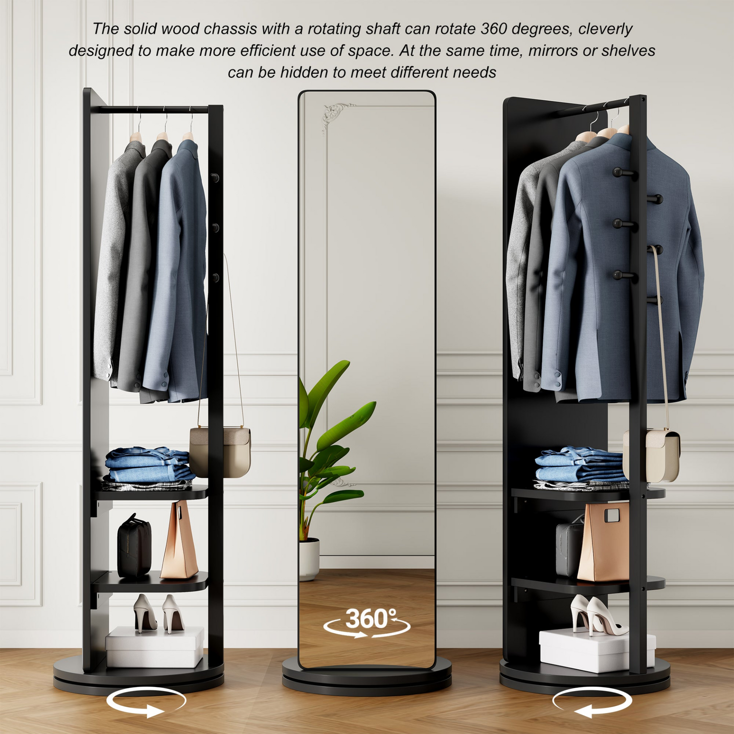 Natural wood full-length mirror with 360° rotation and coat rack, ideal for bedroom, entryway, or dressing area.