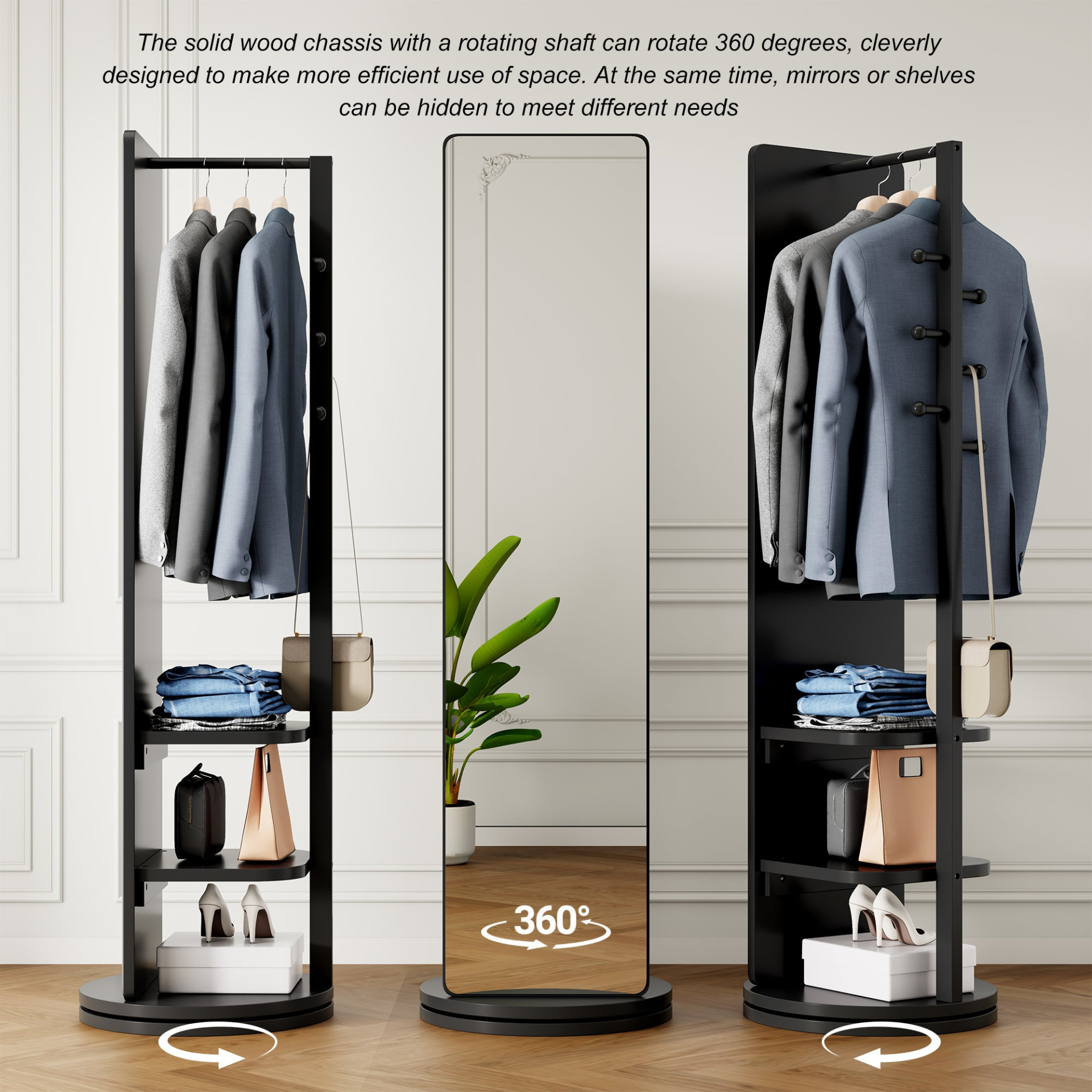 Natural wood full-length mirror with 360° rotation and coat rack, ideal for bedroom, entryway, or dressing area.