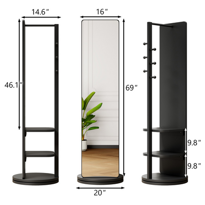 Start2Finish rotating full-length mirror with coat rack, rubber wood frame, and storage, 360° rotation for bedroom and entryway.